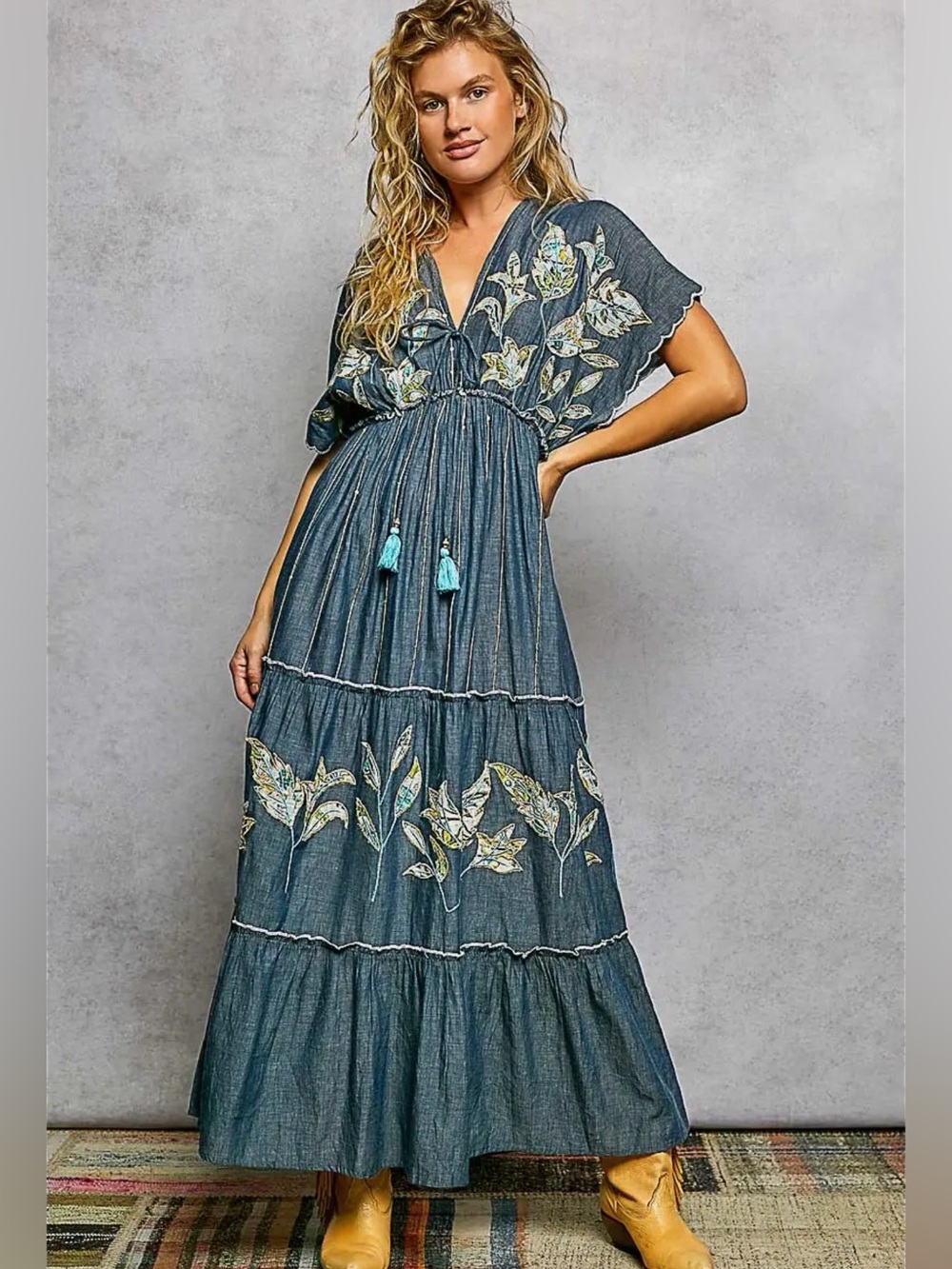 POL Blue Embroidered Tiered Maxi Dress - Picture 2 of 7